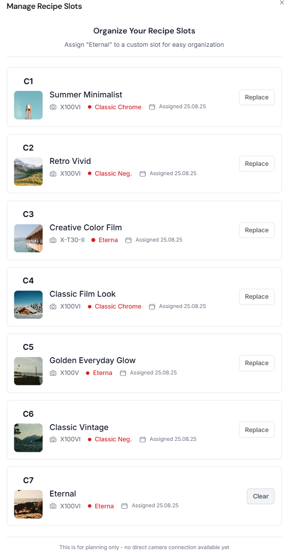 Camera slot management interface showing organized preset assignments