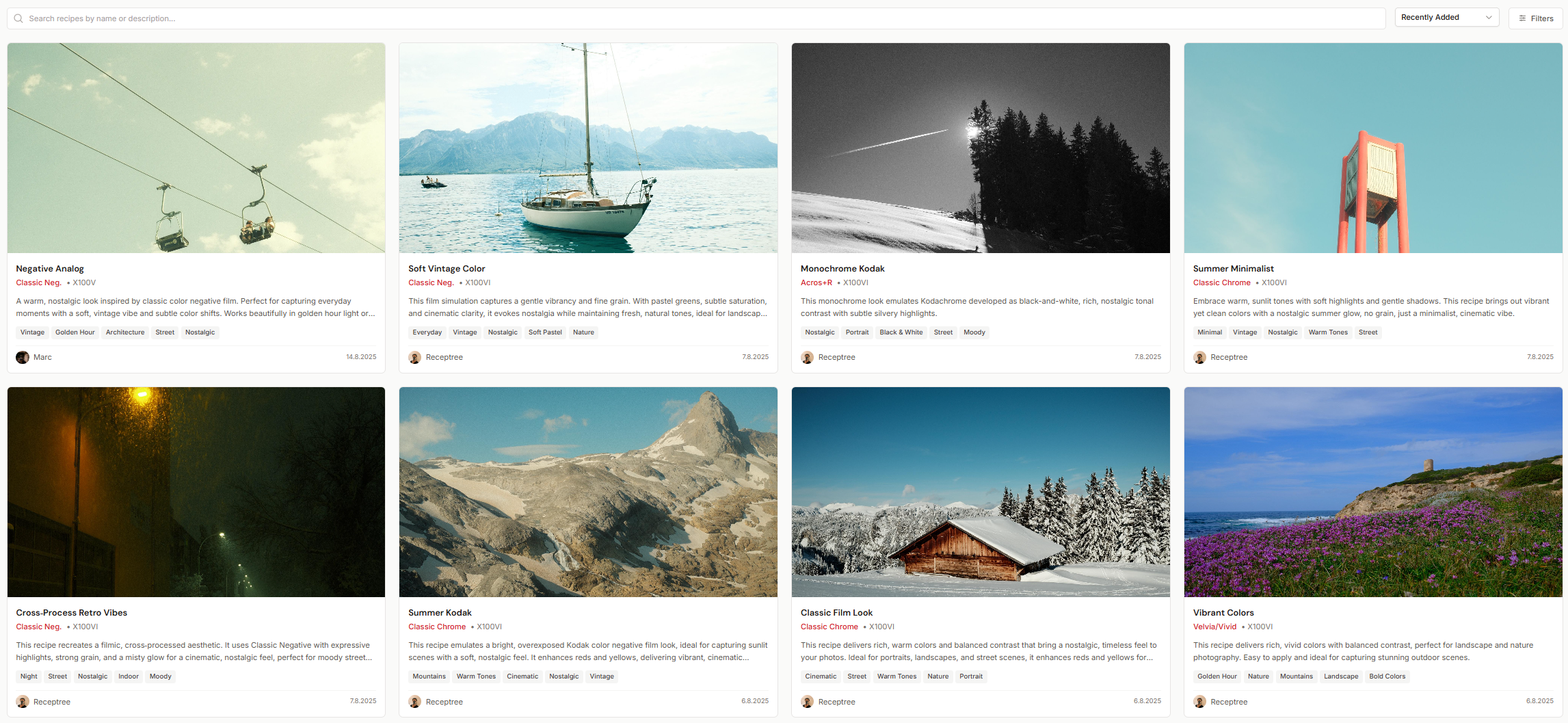 Community recipe discovery interface showing trending recipes and photographer profiles